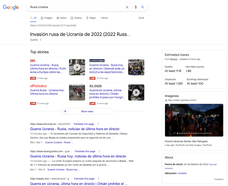 Resultados de búsqueda de Google para la invasión rusa de Ucrania con estadísticas, fotos, noticias y más 1 Resultados orgánico con datos específicos sobre la invasión de Ucrania