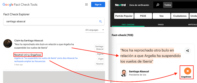 Google Fact Check: la verificación de datos de Google 1 Fact check de Neutral y de Google acerca del mismo comentario.