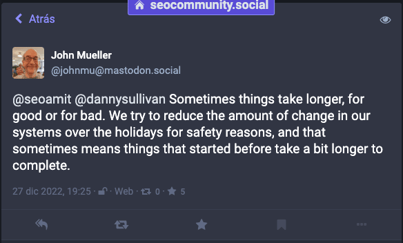 El final de las actualizaciones actuales tardará probablemente hasta después de las fiestas 1 john mueller mastodon 2023 01 02 06.45.19