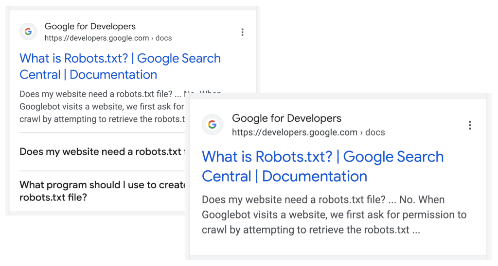 Google introduce cambios en los resultados enriquecidos de HowTo y FAQ para mejorar la experiencia de usuario 1 Un resultado de búsqueda que muestra un resultado completo rico en FAQ, y uno sin