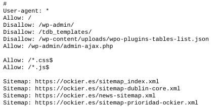 Sitemaps y Robots.txt: claves para una indexación eficaz 1 Parte de un robots.txt indicando los distintos sitemaps en ockier.es