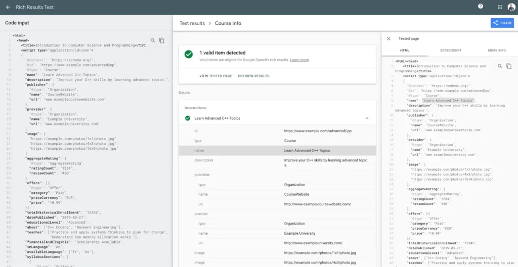 Google presenta un resultado enriquecido de información sobre cursos mejorado en la búsqueda 2 Test de datos estructurados de Cursos