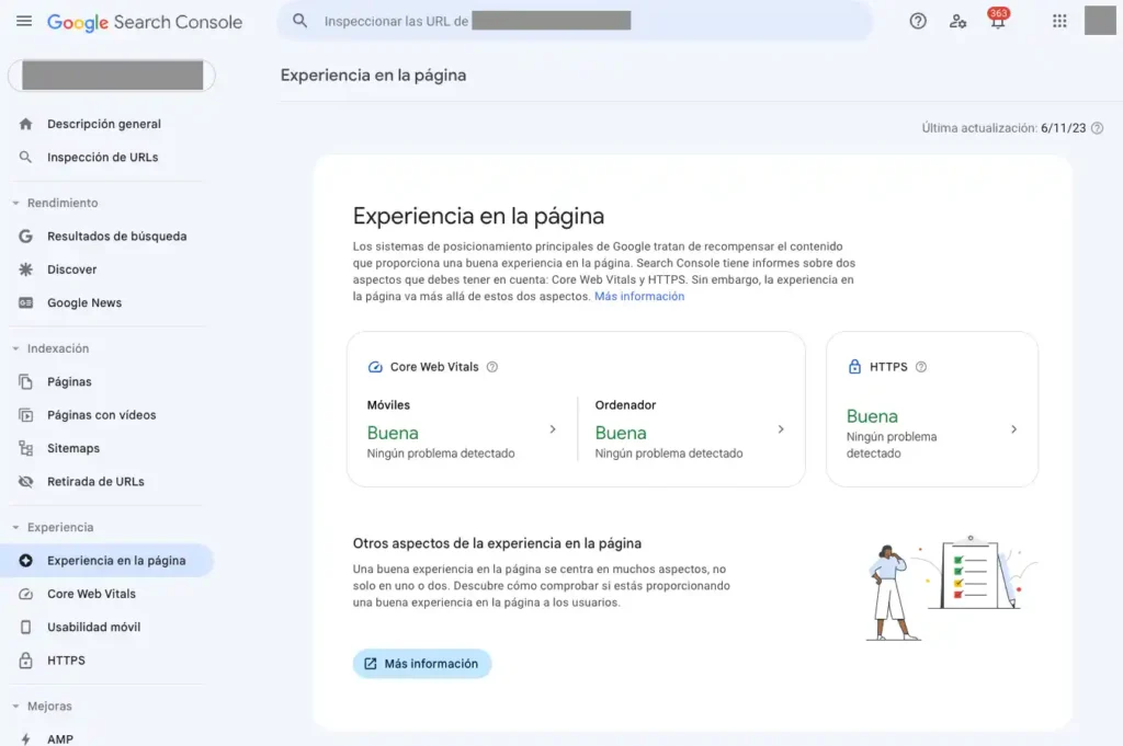 Google Search Console rediseña la página del informe de Page Experience Overview 1 nueva pantalla experiencia pagina google search console 2023 11 08 16.20.17
